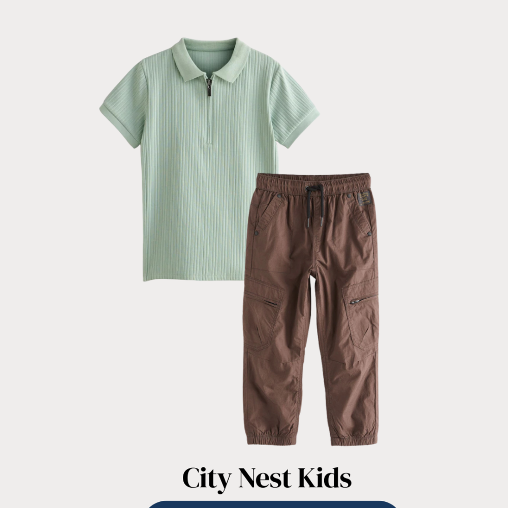 Next Boys Mint Ribbed Zip Polo & Brown Cargo Trouser Set Age 5–6 | City Nest Kids