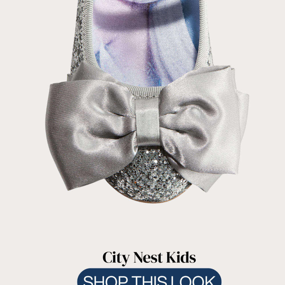 River Island Girls Silver Glitter Bow Ballet Flats Size 32 | City Nest Kids