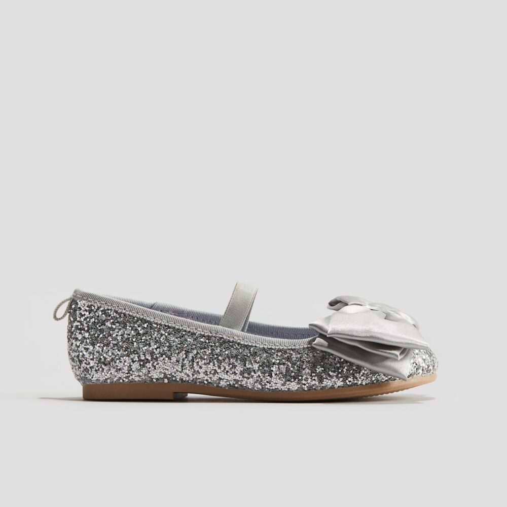 River Island Girls Silver Glitter Bow Ballet Flats Size 32 | City Nest Kids
